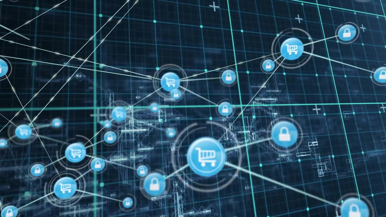 Ring pulsating cart icon fading on teal grid lines radiating to padlocks securing ecommerce network