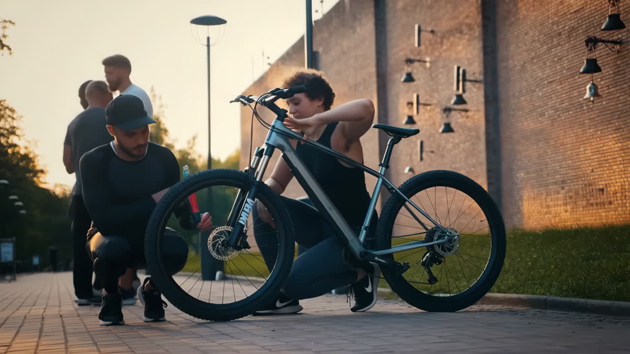 Men fixing a bicycle on a paved path outdoors