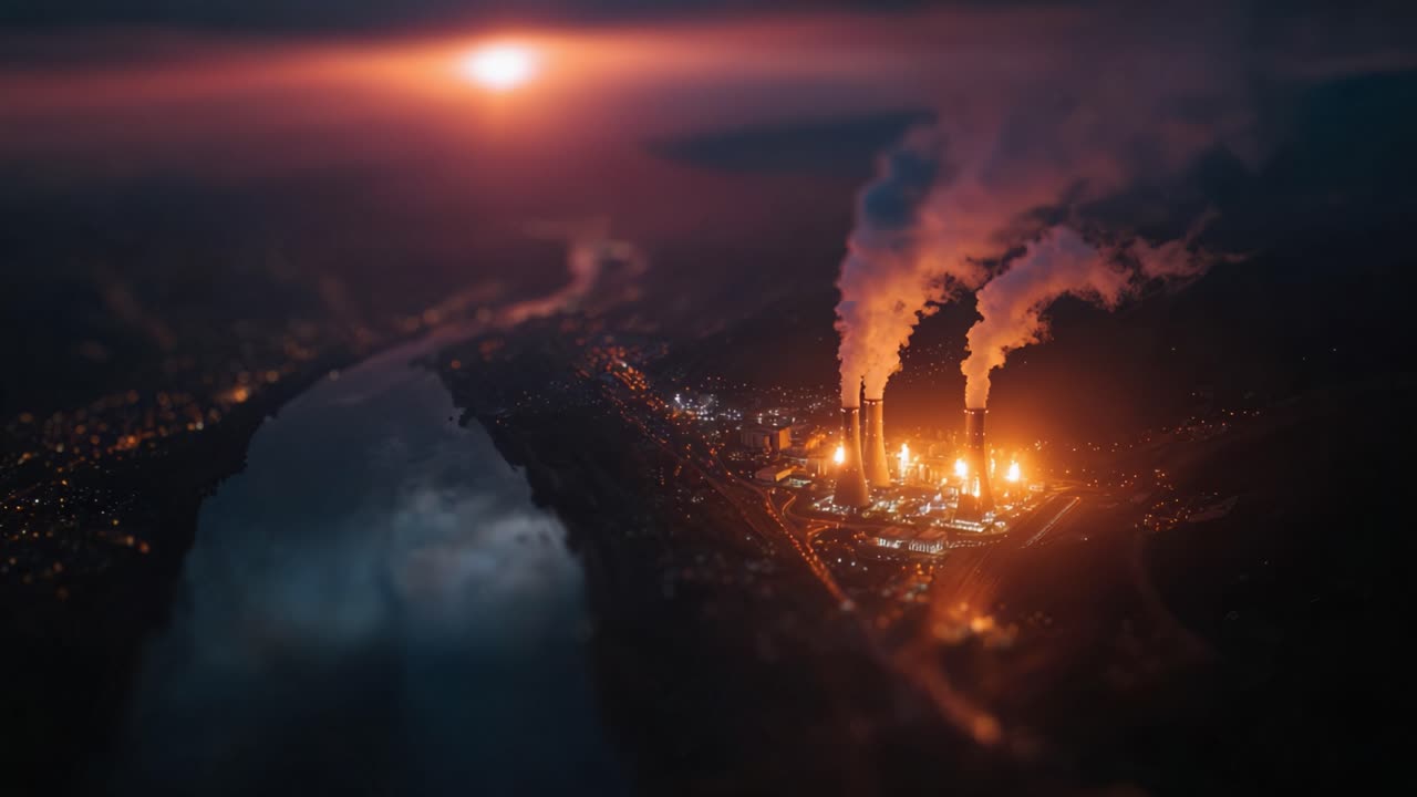 Vista aérea dramática de complexo industrial ao entardecer, com fumaça e chamas, que mostra o impacto da produção de energia no meio ambiente.