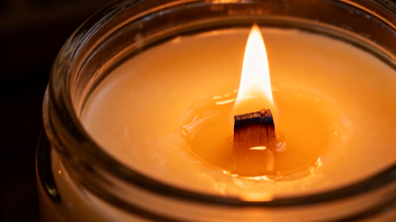 Recording opening showing jar candle with charred wick burning, melting wax in dim room, reflecting