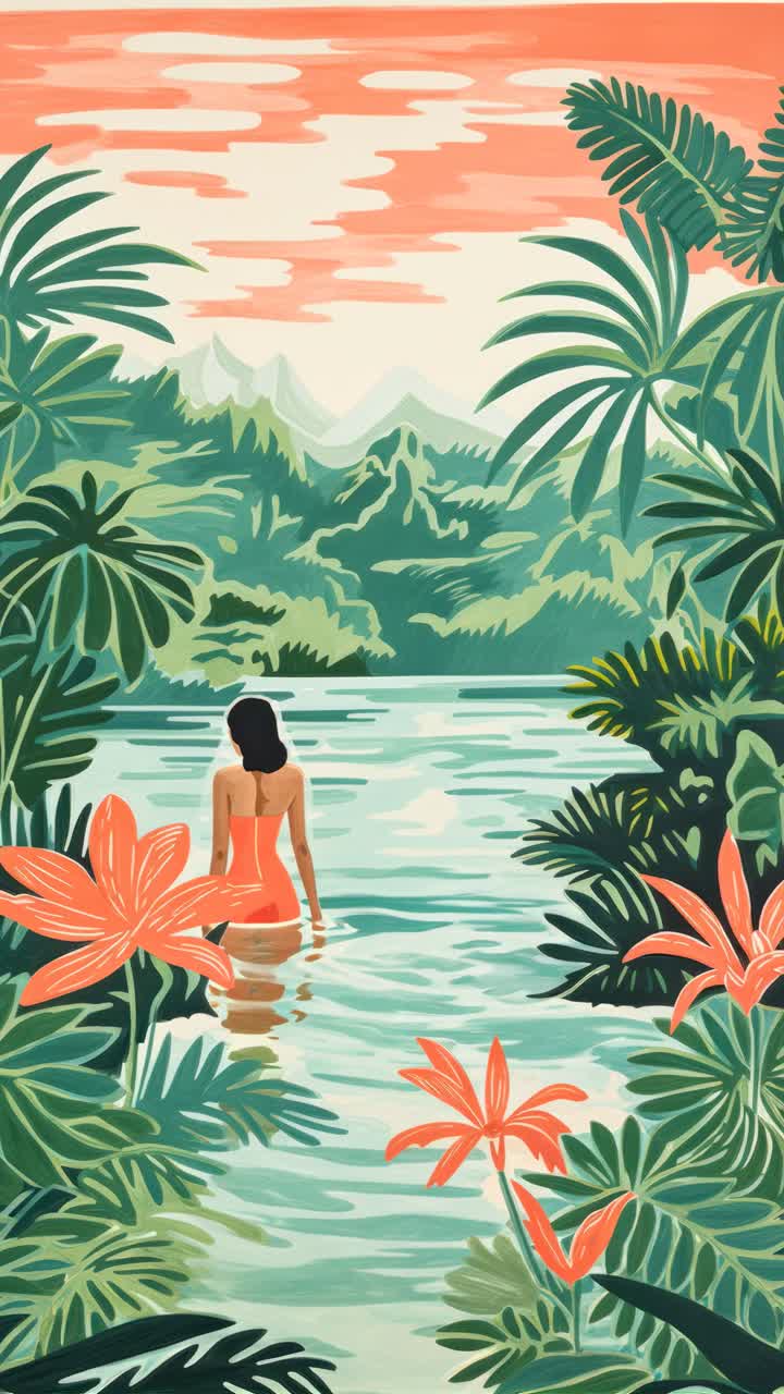 A vibrant, tropical landscape illustration with lush foliage and a serene lake