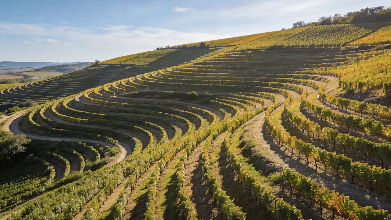 Iniziando una deriva a destra, il drone mostra un vigneto a terrazze su un fianco di collina, pali, sentieri, una cresta lontana e il cielo