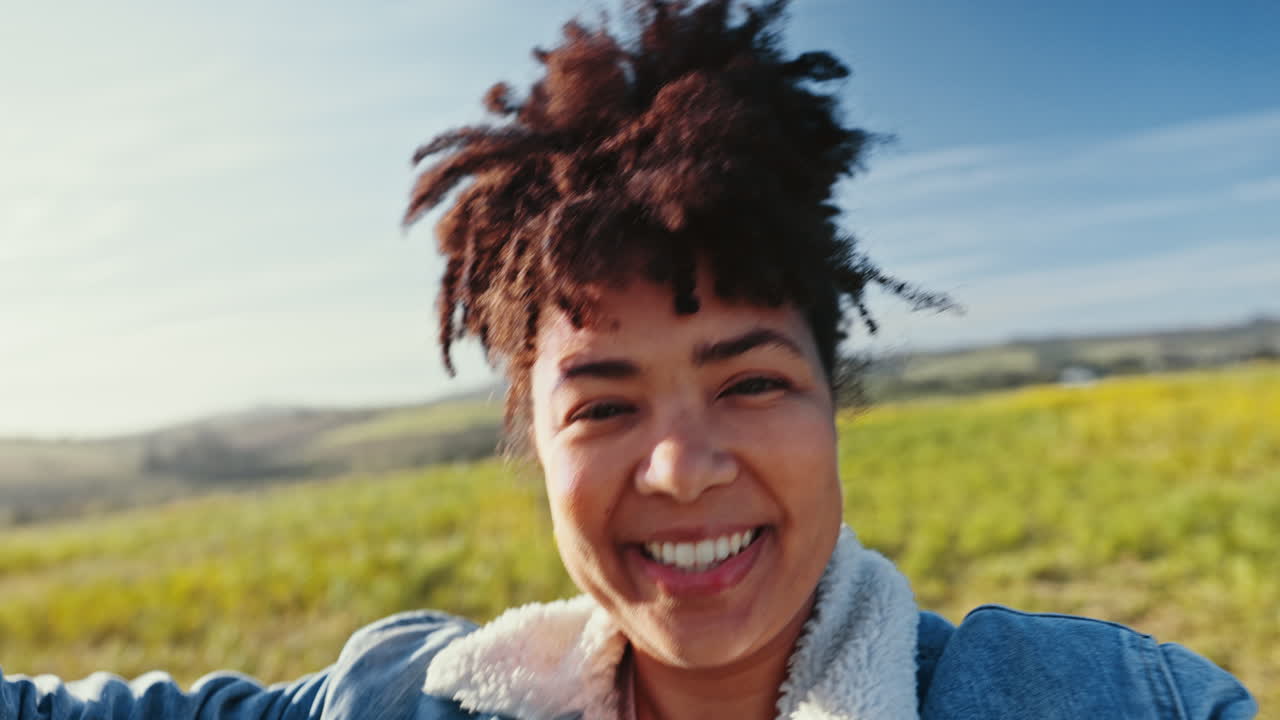 Excited, vlogging and face of woman in nature