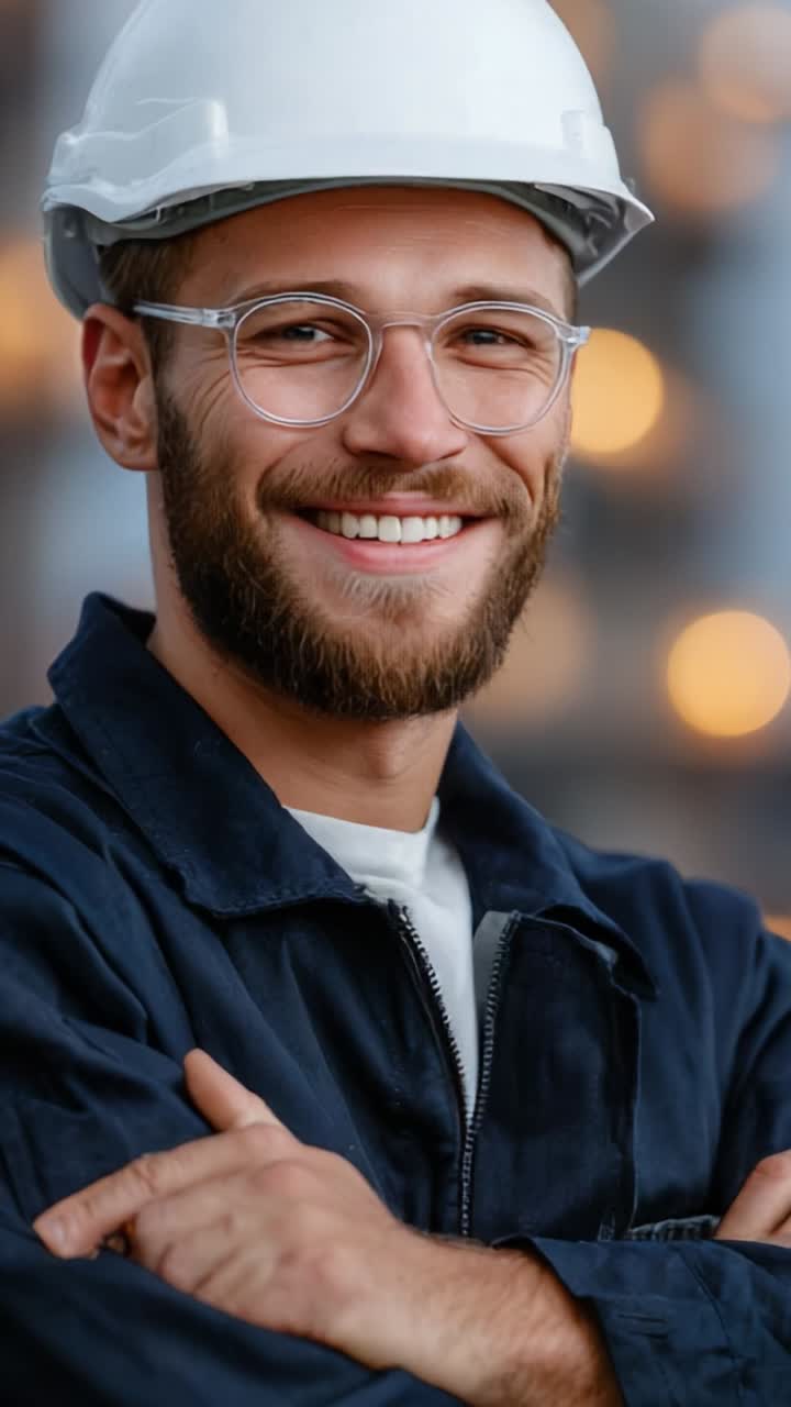 Enthusiastic Construction Worker with Glasses and Hard Hat Smiling ...