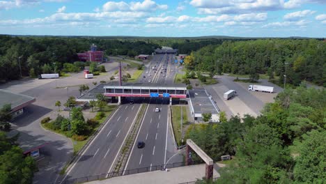 aerial view of a german autobahn toll booth