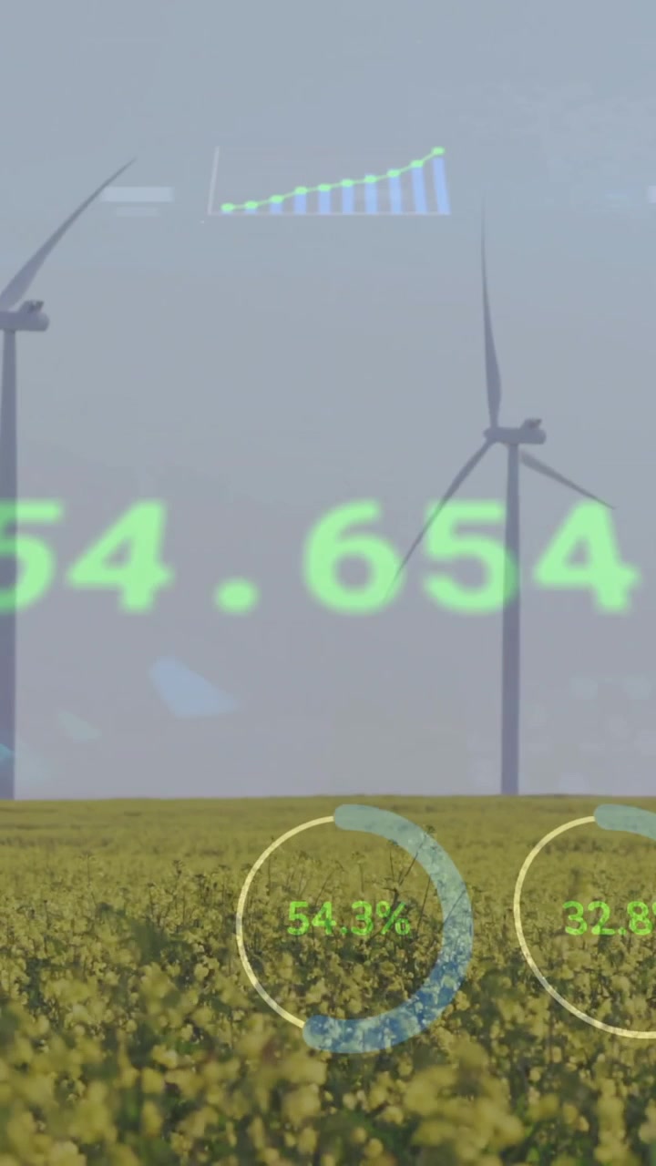 Turbine eoliche in un campo con animazione di elaborazione dati finanziari sovrapposta al paesaggio.