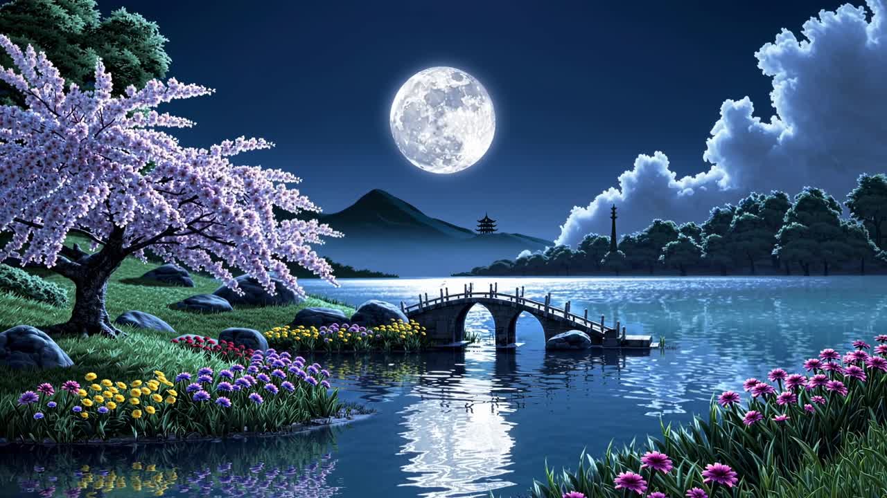 Un paesaggio sereno e illuminato dalla luna con una veduta dal basso di un ponte su un lago, circondato da ciliegi