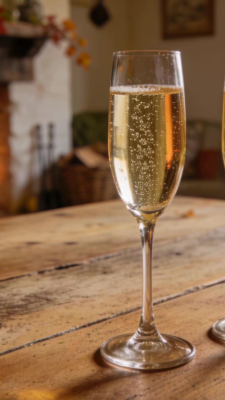 Flûte di champagne appoggiata su un tavolo di legno, bollicine effervescenti che salgono verso il bordo, marketing per l'ospitalità.