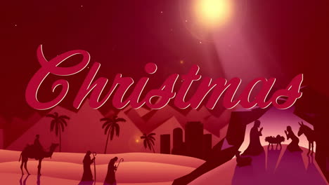 animation of christmas text over nativity scene