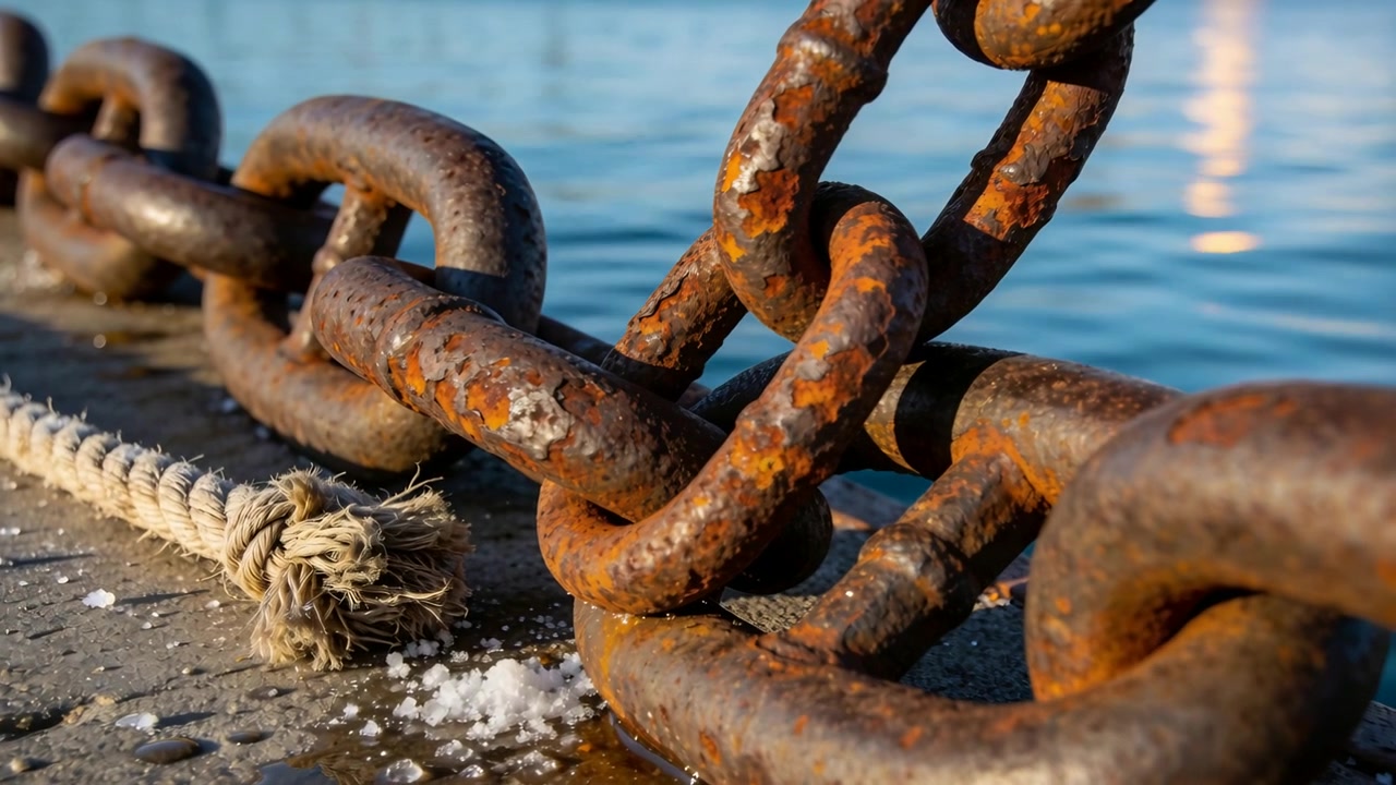 Shifting low camera bringing rusted chain and frayed rope into focus at quay, showing rust texture