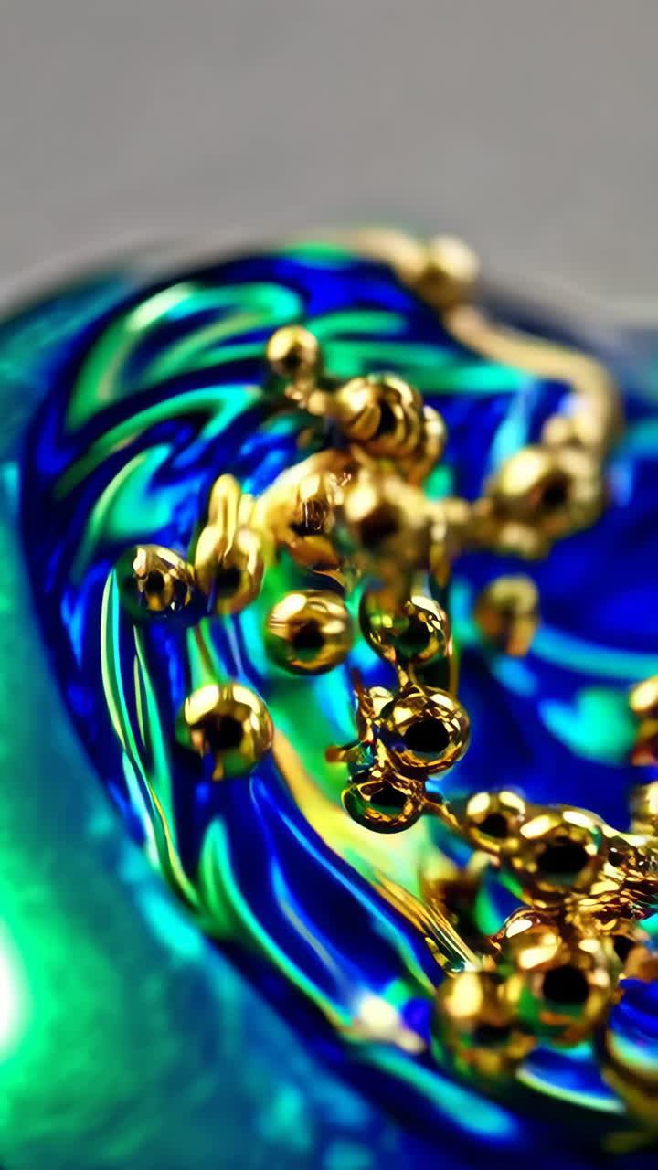 Vibrant Abstract Liquid Flow with Golden Orbs