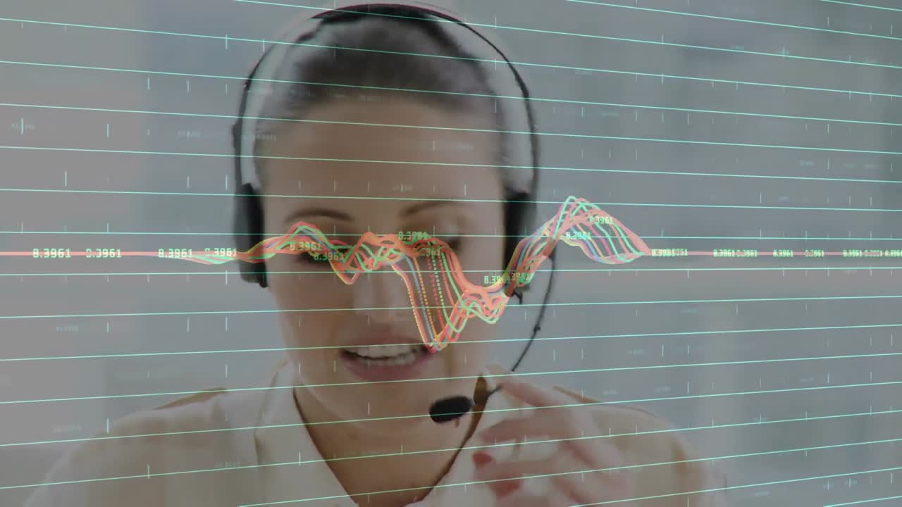 animación del procesamiento de datos sobre personas de negocios que usan auriculares telefónicos