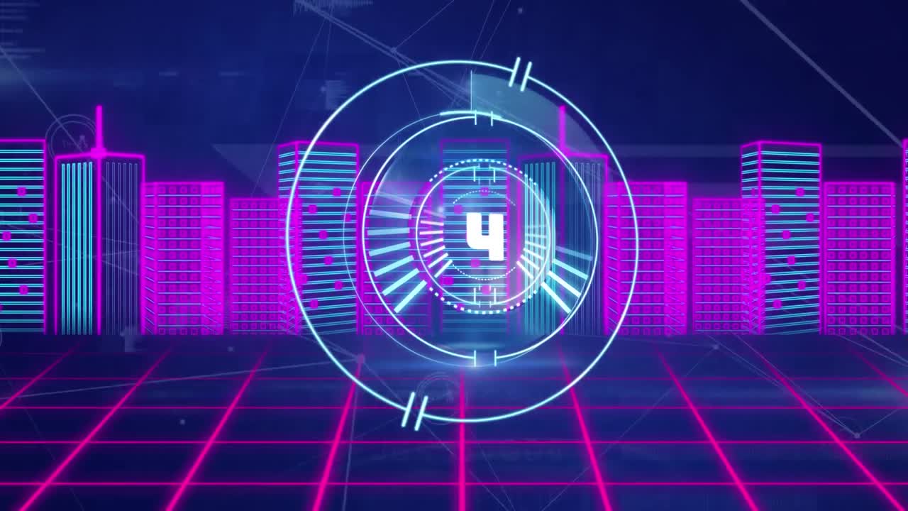 Animation of countdown over round scanner and network of connections against 3d city model