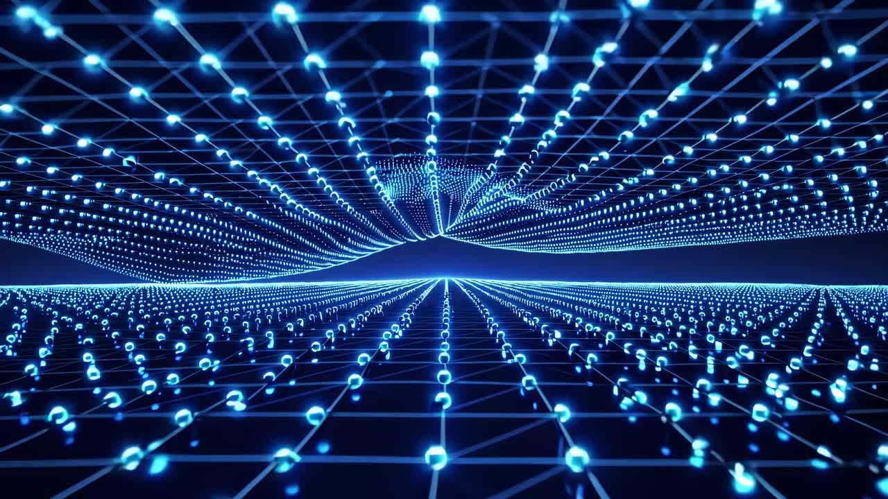Futuristic digital grid with glowing blue nodes, captured from a low-angle perspective