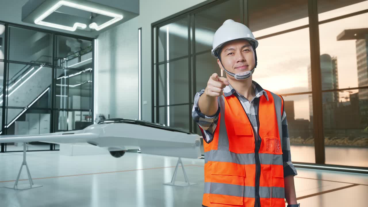 안전 헬을 입은 아시아 남성 엔지니어가 웃으며 가을 만지며 드론 프로젝트와 함께 서있는 동안 당신을 가리키고 있습니다.