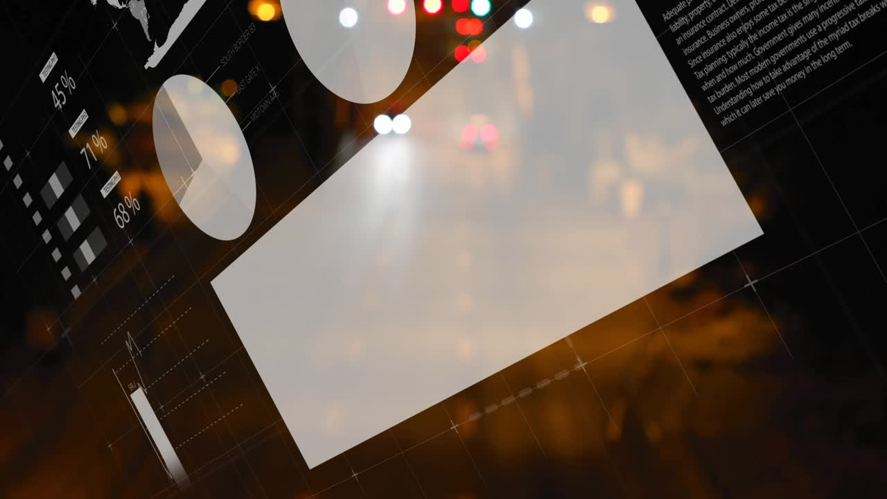 Data animation with text and graphics over blurred city lights at night