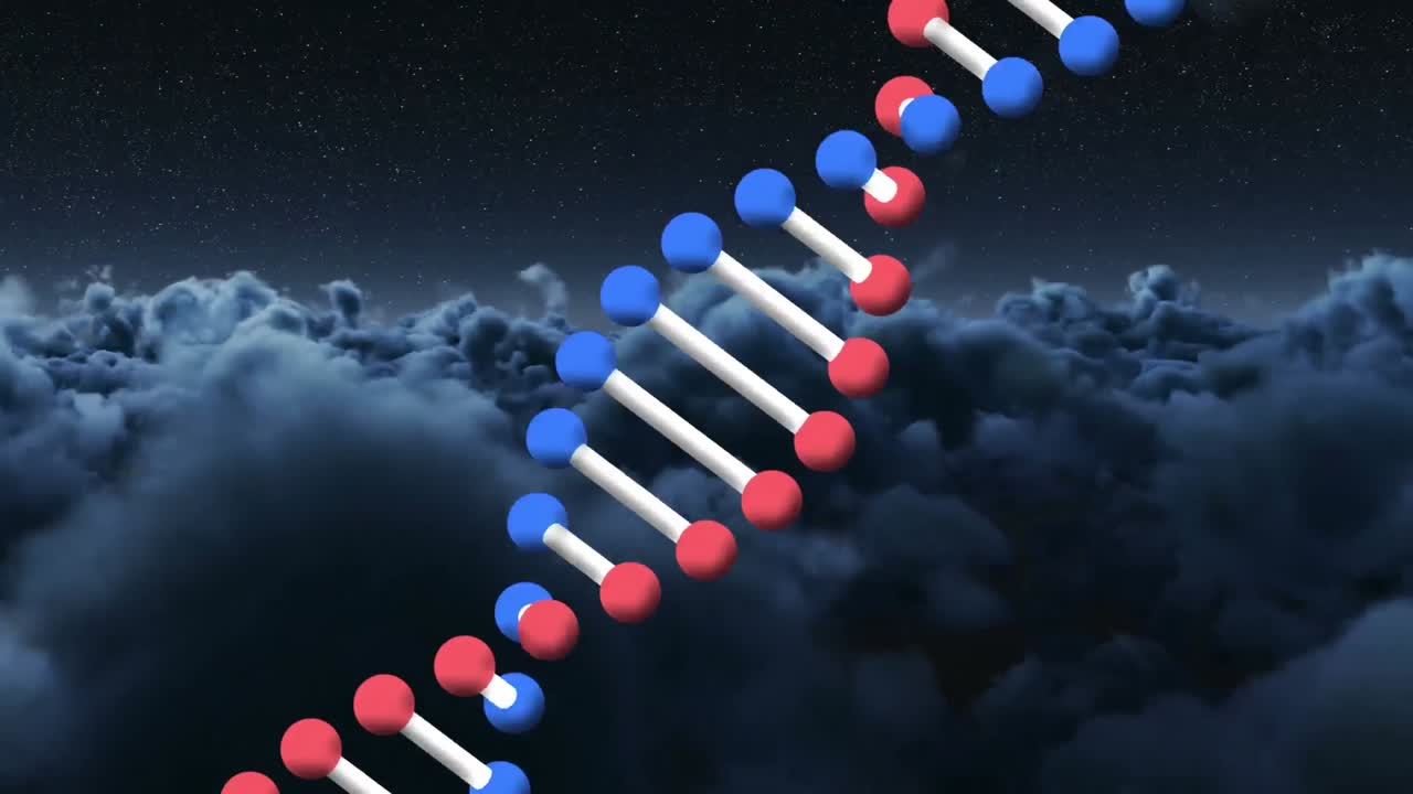 animación de una cadena de adn girando sobre el cielo