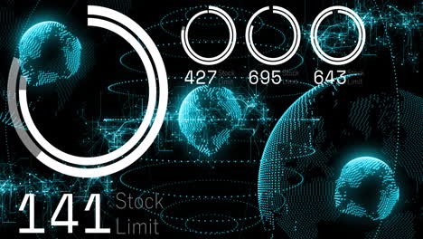 animation of stock market data processing and light trails over spinning globes on black background