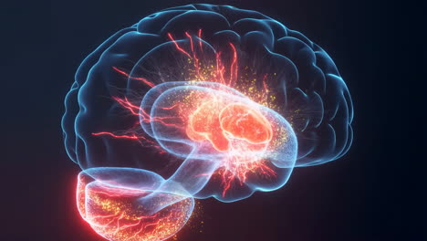 glowing human brain with highlighted active areas