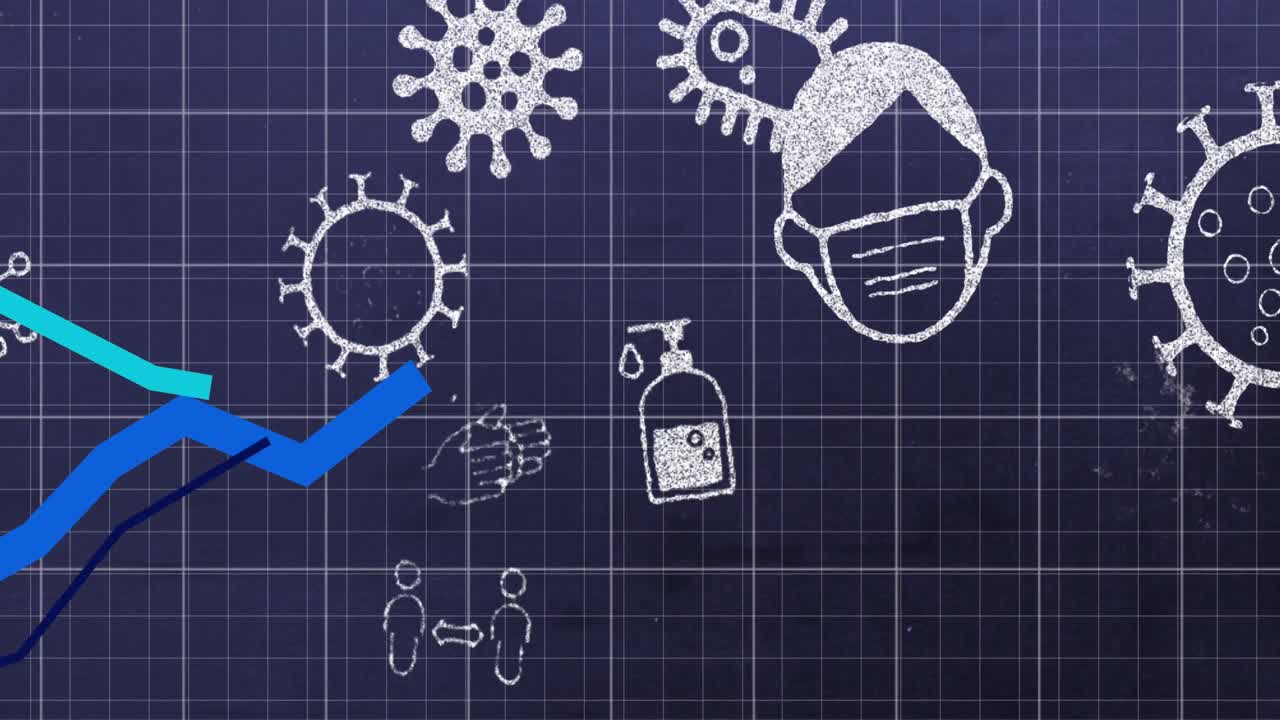 gráficos azules que se mueven sobre líneas de cuadrícula contra iconos de concepto de coronavirus