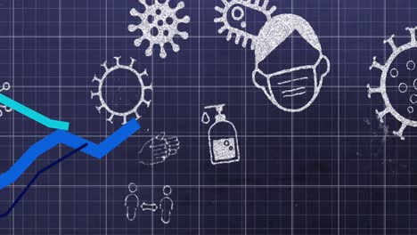 Blaue-Diagramme,-Die-Sich-über-Gitterlinien-Vor-Symbolen-Des-Coronavirus-Konzepts-Bewegen