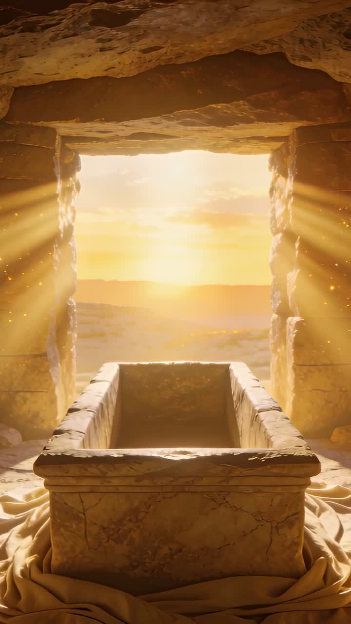 Il sole che sorge invia raggi dorati attraverso l'ingresso, il pulviscolo scintilla sul drappo che copre il sarcofago.