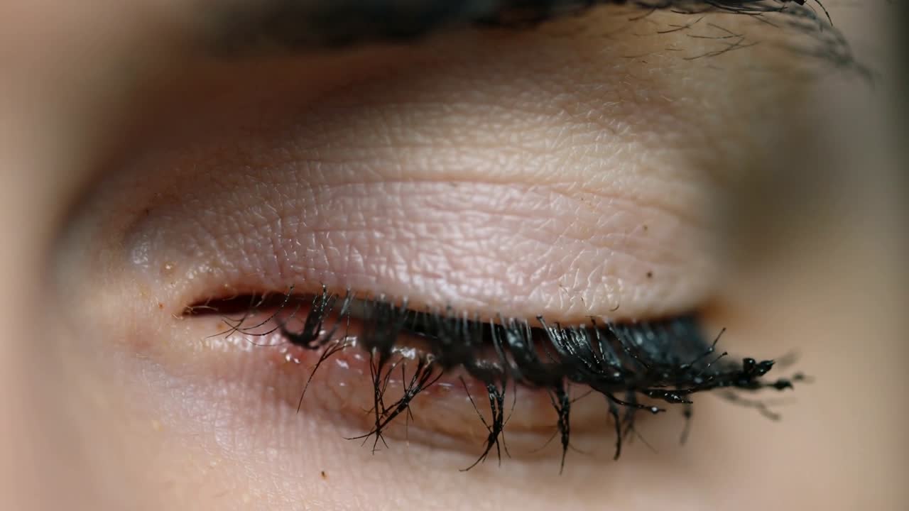 Blinking woman's brown eye contracting eyelid and reopening in studio macro, black mascara flakes