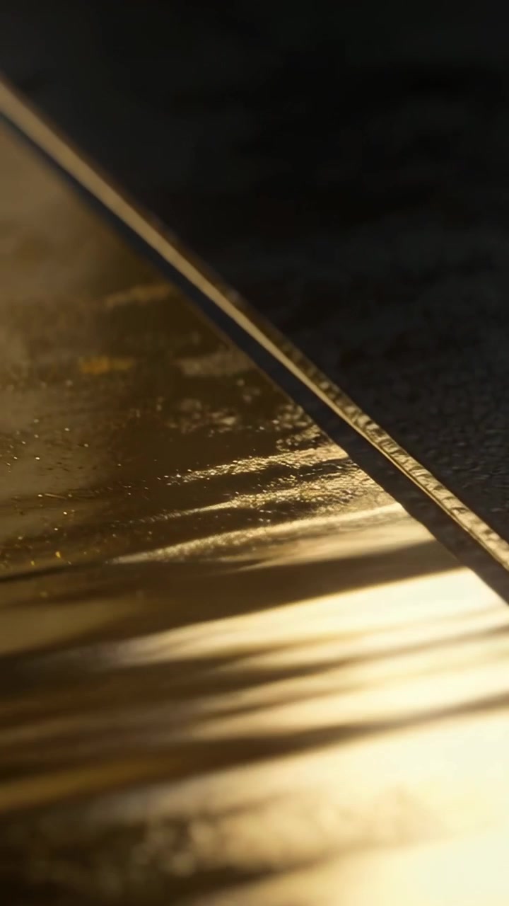 Sweeping warm light showing grooved metal surface with thin diagonal edge in macro, exposing specks