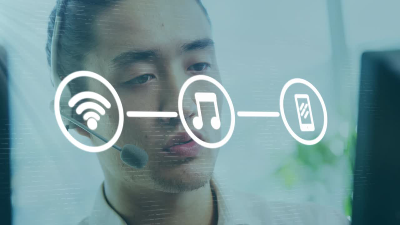 red de iconos digitales contra el ejecutivo de atención al cliente que usa auriculares