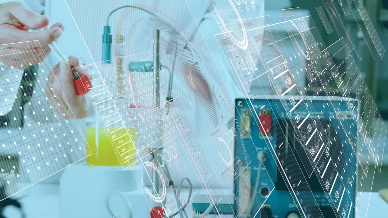 In laboratory, processing scientific data animation over equipment and chemical experiment