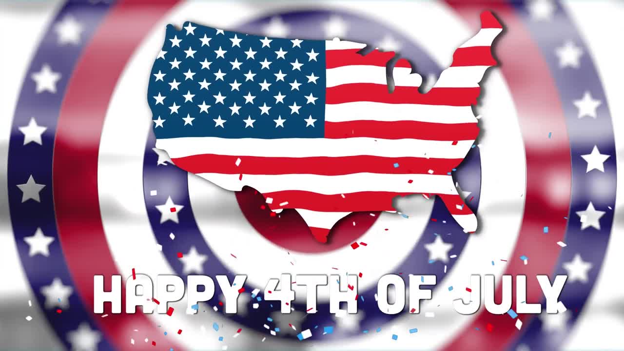 7월 4일의 애니메이션 미국 지도와 원 위의 미국 국기 패턴이 있는 텍스트