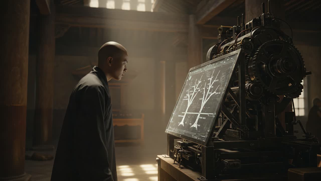 A contemplative figure studies an intricate mechanical device that displays an elaborate tree diagram, immersed in soft light within a historic, serene environment