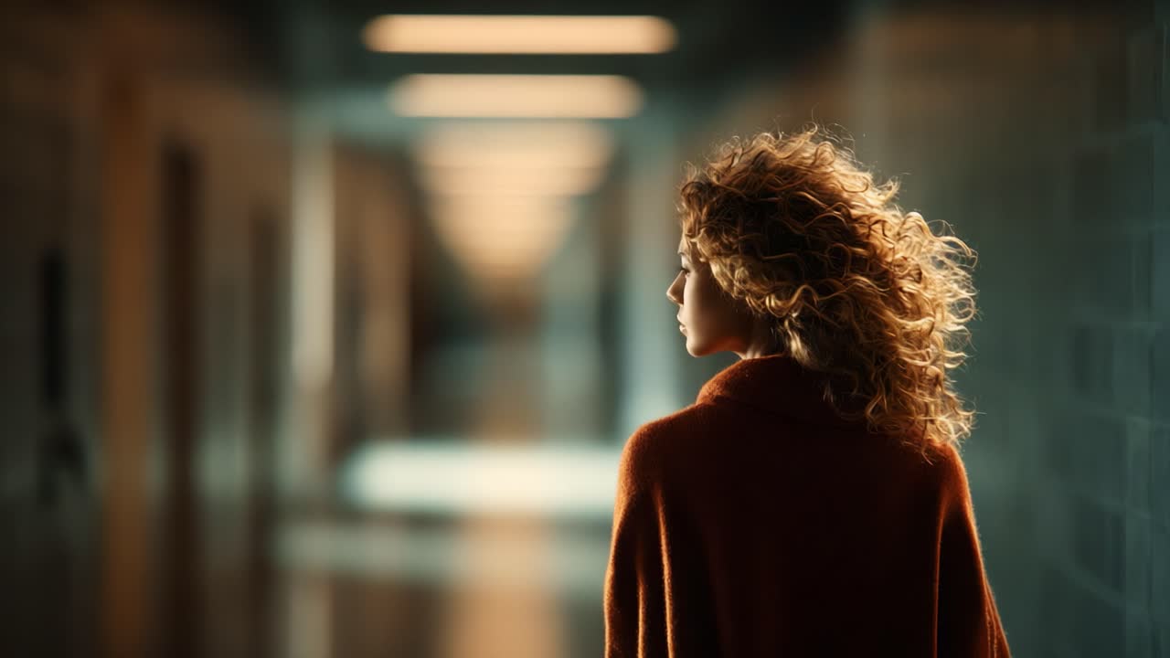 Una figura solitaria percorre un corridoio scarsamente illuminato, la cui presenza affascinante contrasta con il bagliore etereo e le ombre del corridoio, evocando un senso di introspezione e mistero
