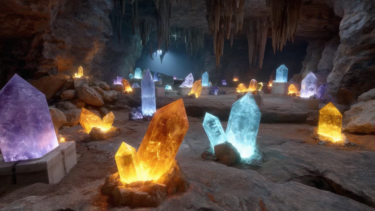 A Stunning Display of Crystalline Formations Illuminated in an Enigmatic Cave Environment, Showcasing Vivid Colors and Unique Structures of Natural Gemstones