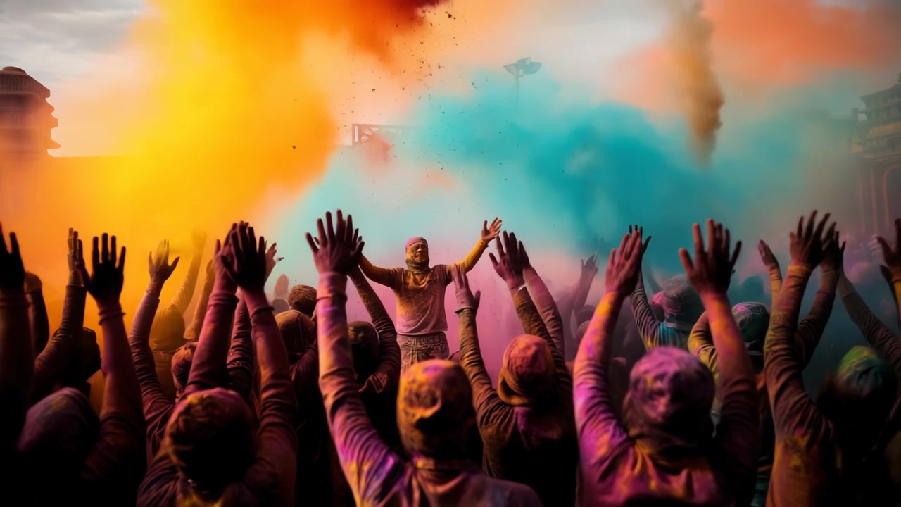 Folla vivace che celebra il Festival Holi con polveri colorate