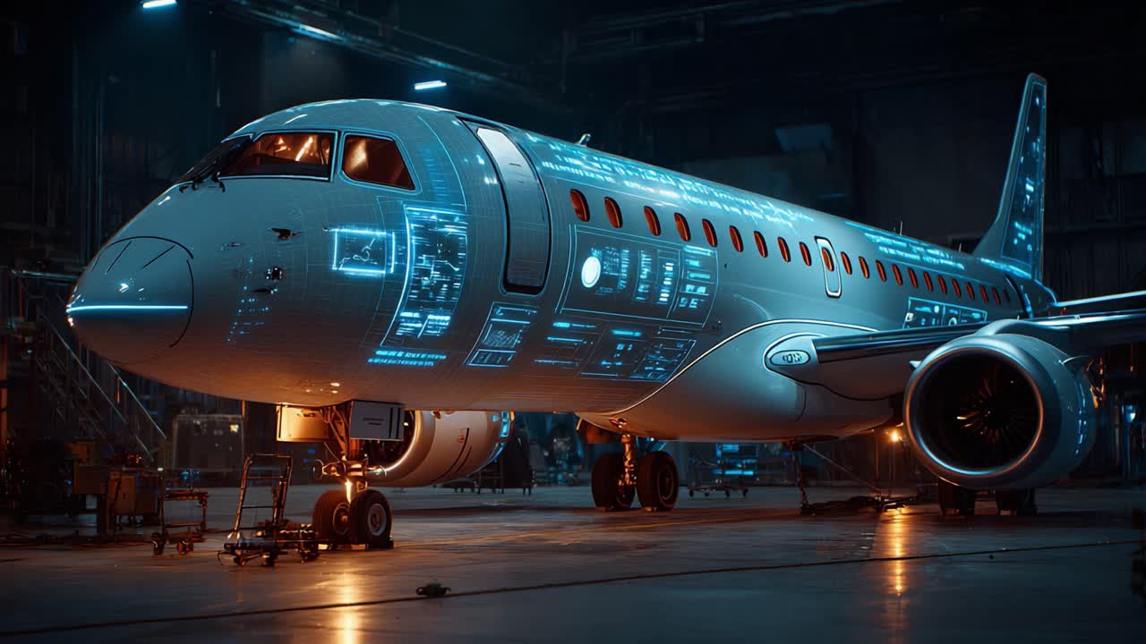 Futuristic Aircraft Technology: A Detailed View of an Advanced Jet in a Hangar with Digital Interfaces Illuminating the Aircraft's Structure and Systems