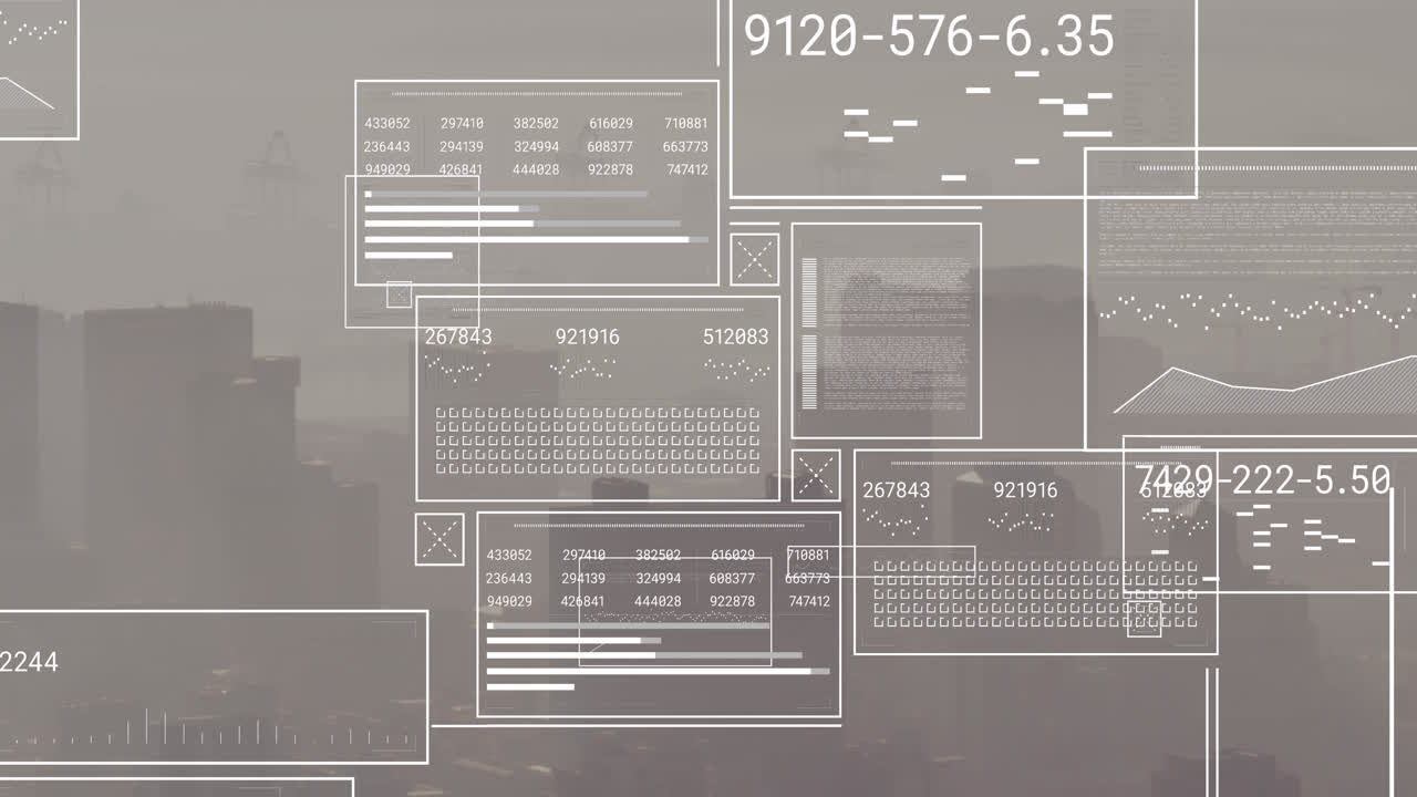 Animation of financial data processing over cityscape