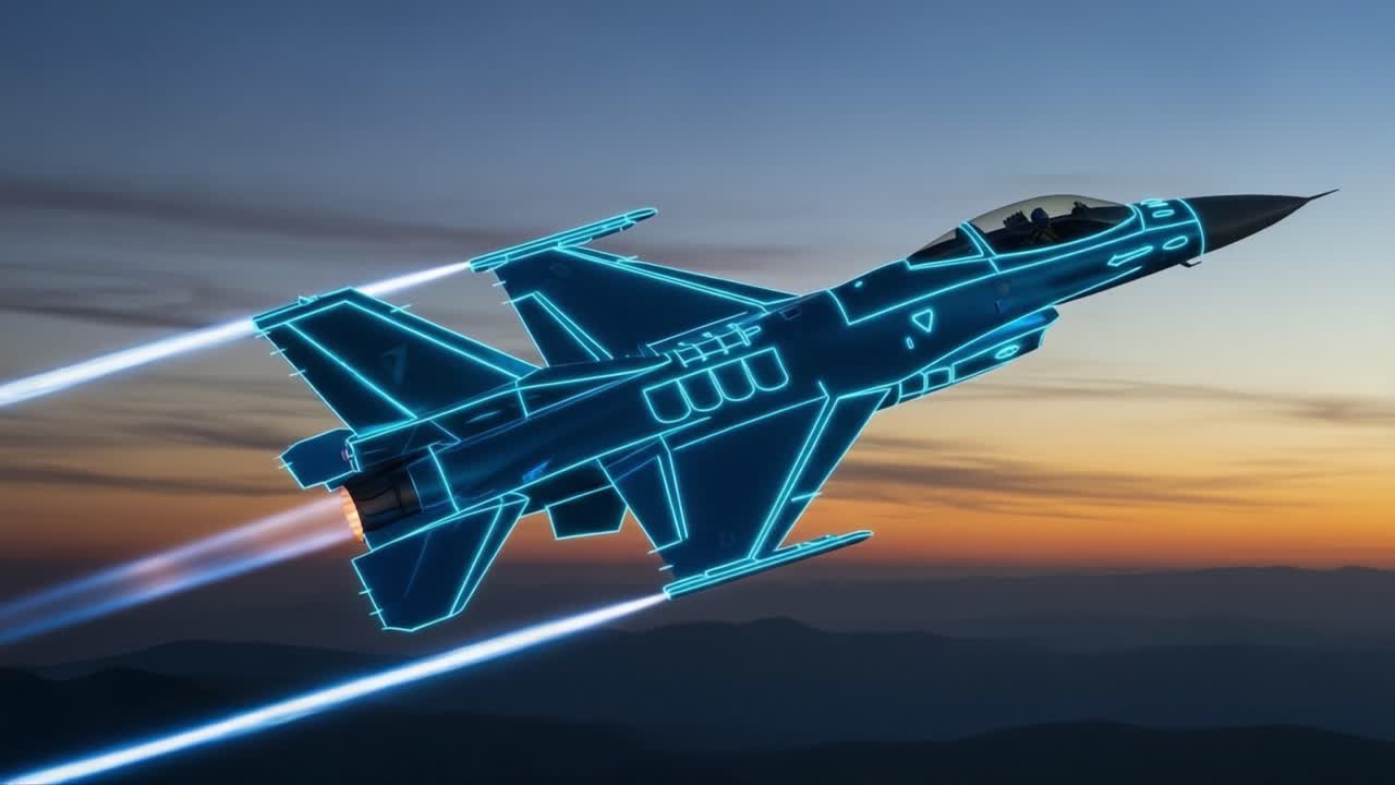 Futuristic Jet Flying at High Speed Against a Dramatic Sunset, Showcasing Advanced Technology and Sleek Design in a Captivating Aerial Display