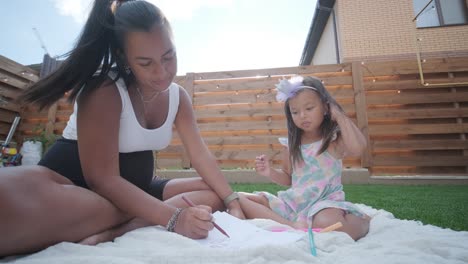 una madre y su hija pequeña se sientan en una manta en el patio trasero, participando en una actividad de dibujo juntos. la escena al aire libre captura un momento familiar pacífico, fomentando la creatividad y el vínculo.
