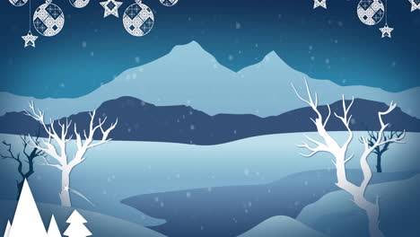 animation of snow falling over christmas decoration and with winterer view