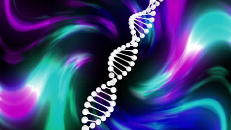 animation of dna strand spinning over light trails and black background