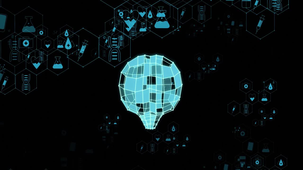 Animation of medical icons and brain on black background