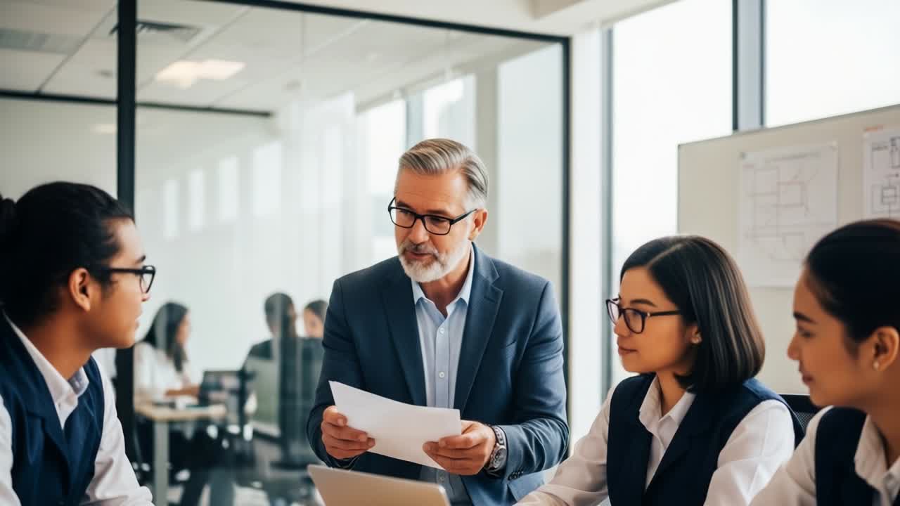 Professional Business Meeting: A Senior Executive Engages with Young Professionals in a Modern Office Environment, Discussing Strategies and Ideas with Collaborative Spirit and Focused Attention