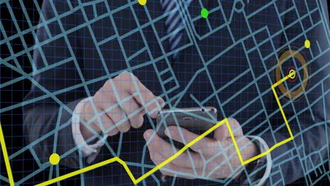 esquema de la línea de navegación del mapa contra la sección media del hombre de negocios que usa un teléfono inteligente