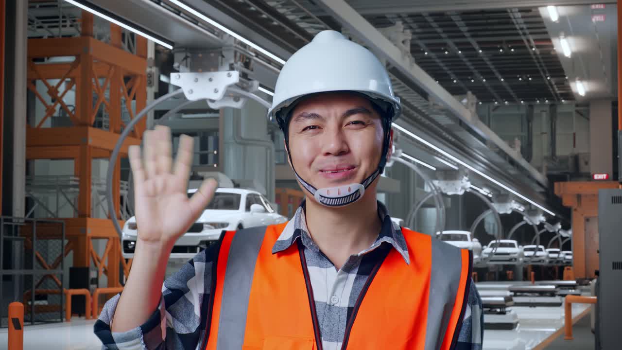 안전 헬을 입은 아시아 남성 엔지니어가 카메라를 향해 미소 짓고 손을 흔들며 ev 자동차 공장에 서서 작별 인사를 하고 있습니다.