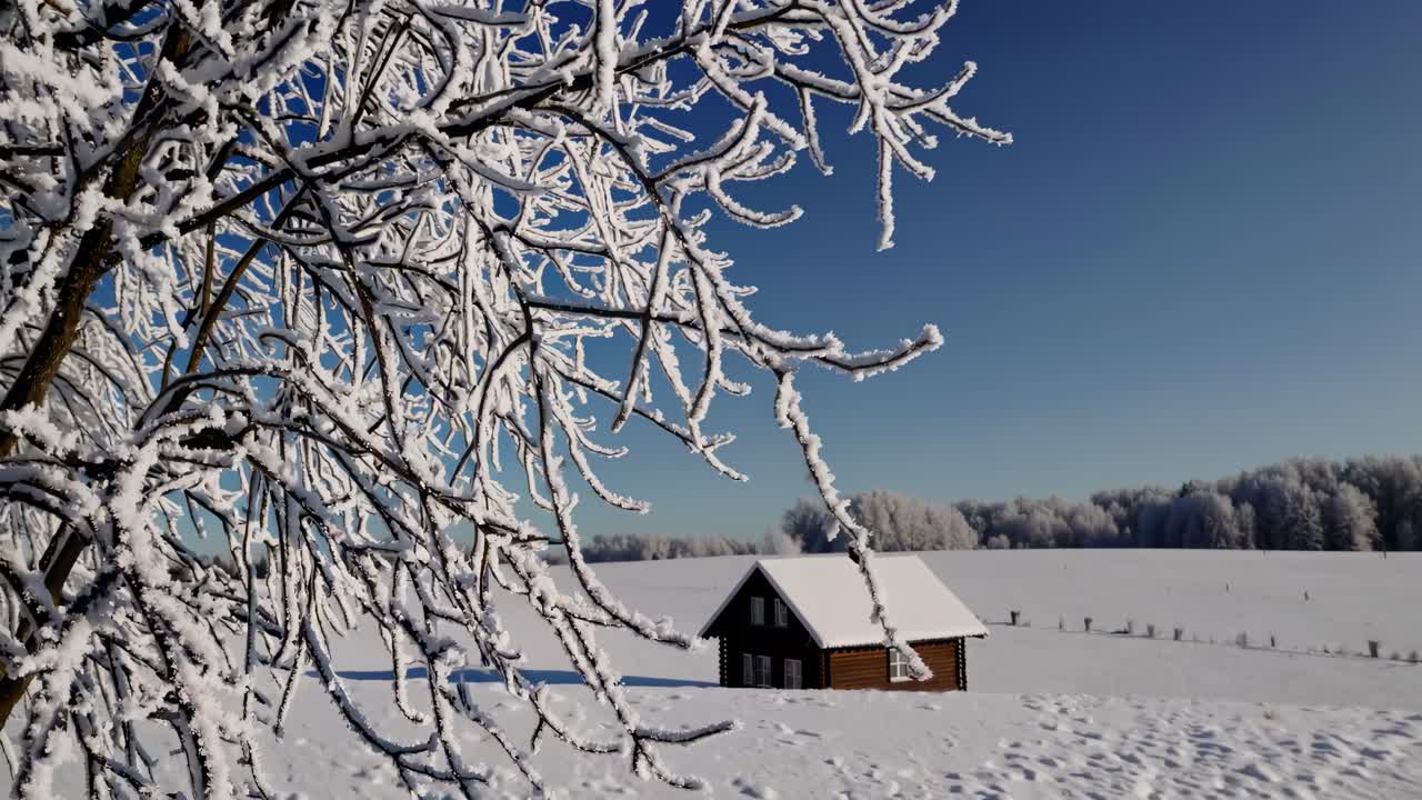 Wide-angle video capturing a serene snowy landscape under a clear blue sky, with frosty branches