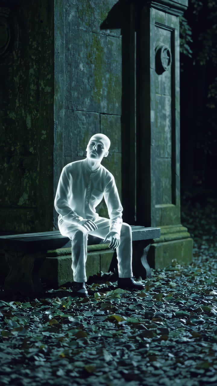 Ghostly Figure Sitting on a Bench at Night