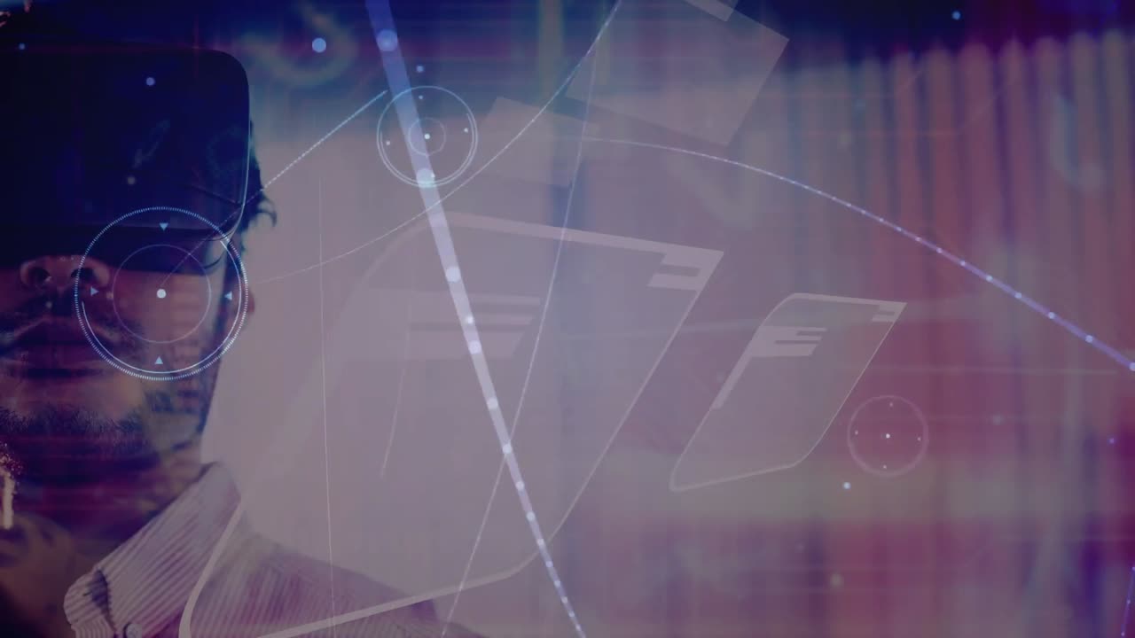 animación de pantallas y red de conexiones digitales sobre hombre de negocios con auriculares vr