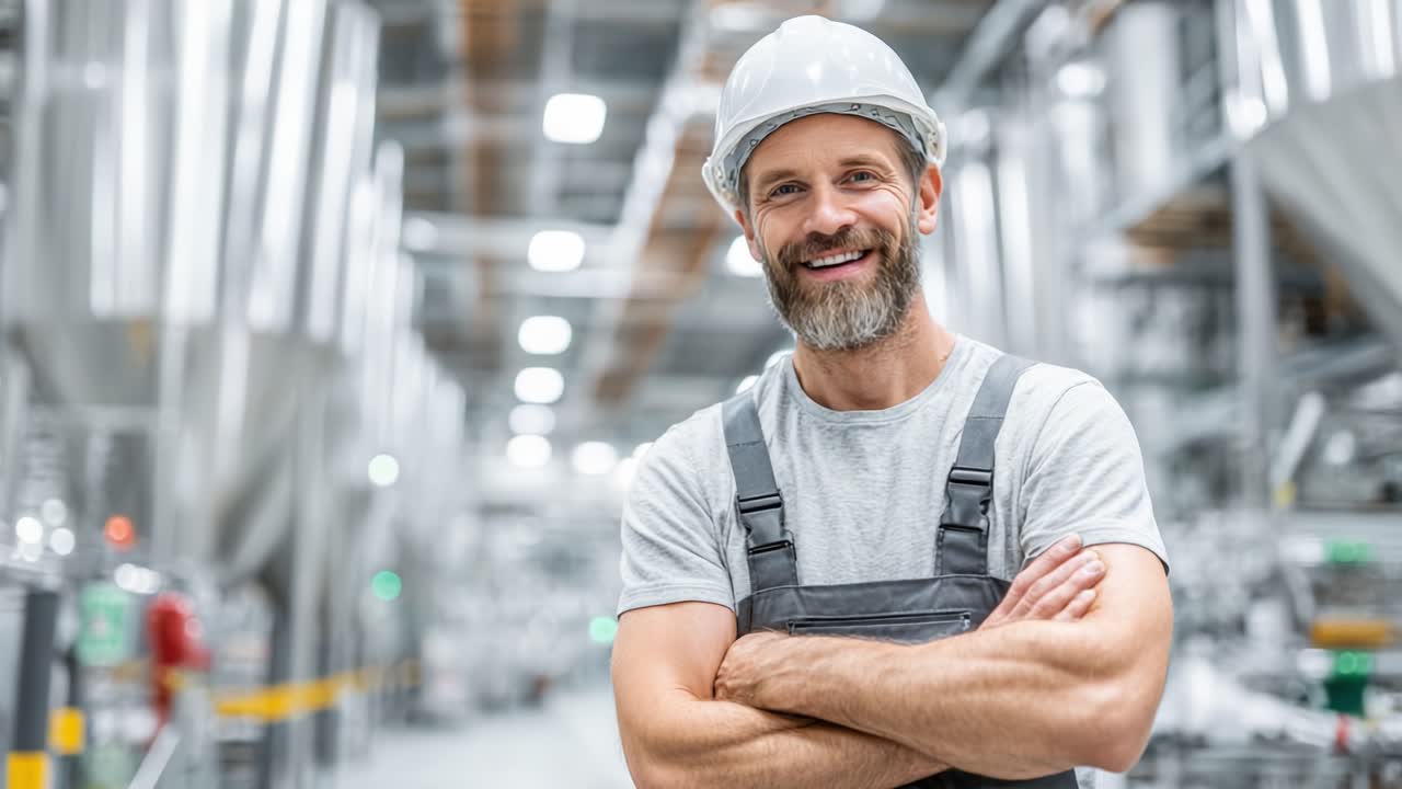 Ein Facharbeiter, der in einer modernen Industrieanlage selbstbewusst lächelt und Stolz auf seinen Beruf sowie Engagement für Sicherheit und Produktivität in einer Fertigungsumgebung zeigt
