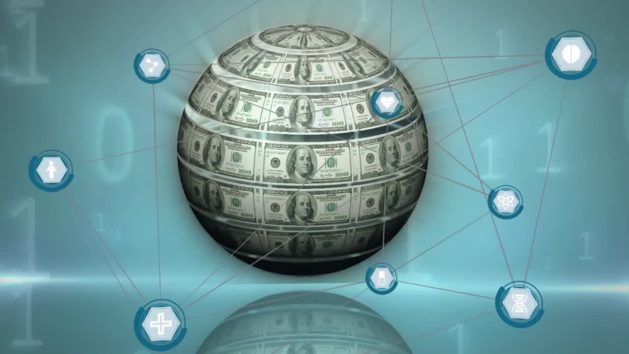 연결 아이콘의 웹과 배경에 떨어지는 숫자에 대항하여 회전하는 미국 달러의 세계